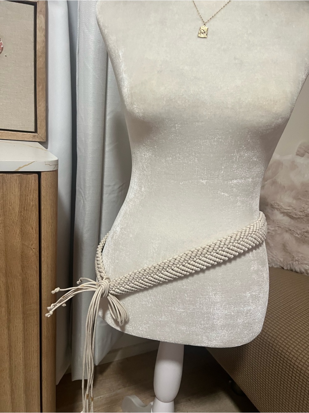 Universal Thread Cream Braided Rope Waist Belt with Tassels
